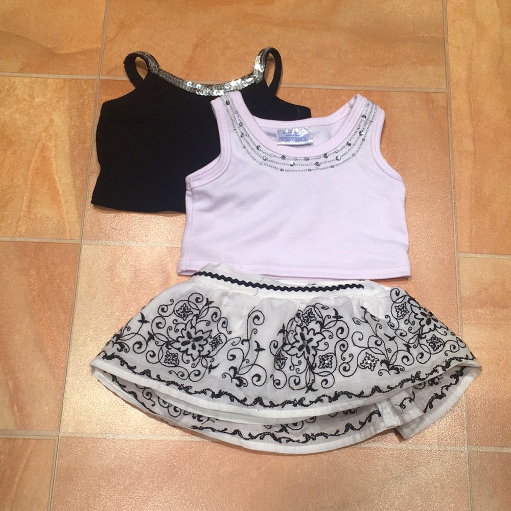Build-A-Bear Black/White Sequin Tank Tops & White Paisley Floral Skirt Outfit